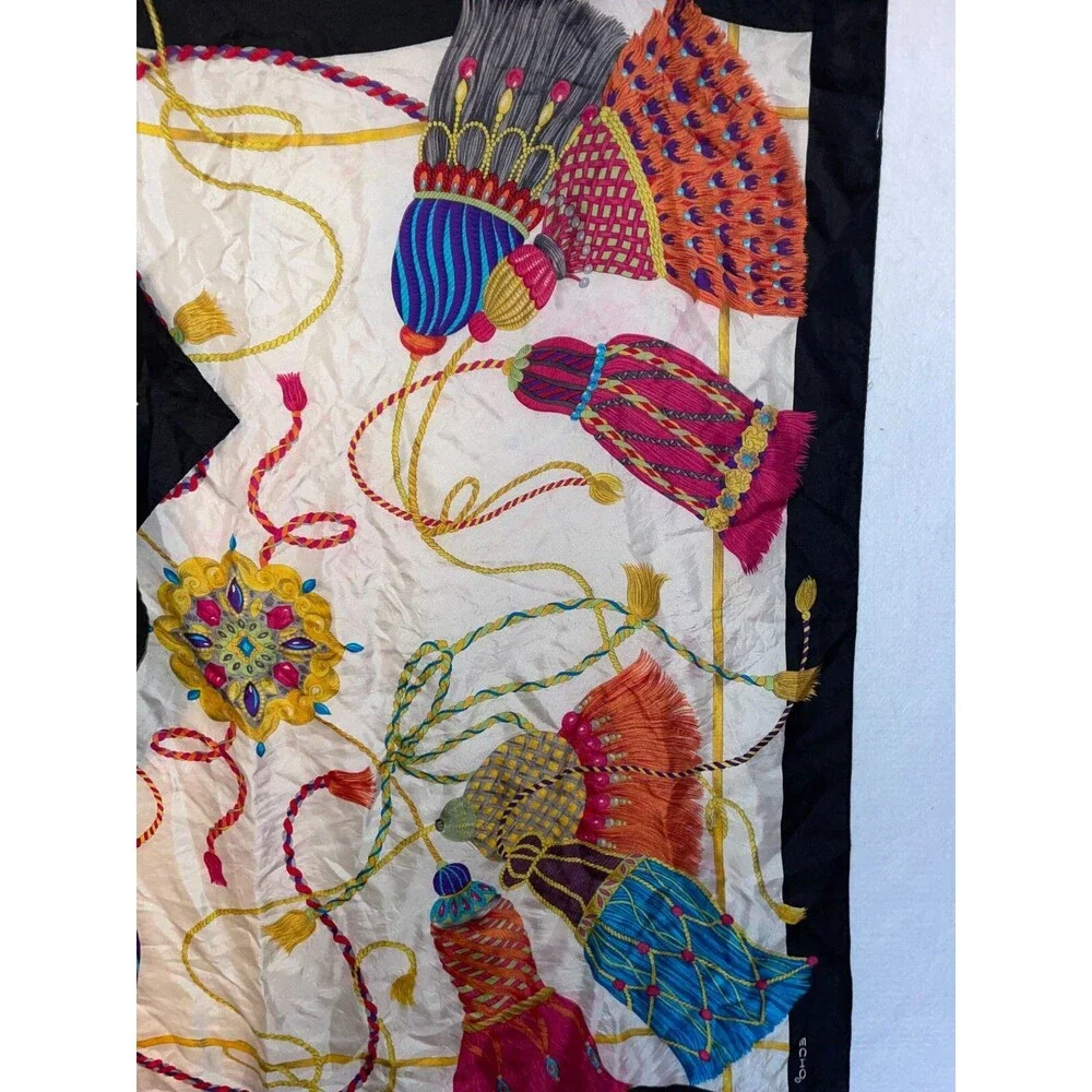 Stunning vintage echo silk scarf Colorful Exotic Tassel pattern 34x34